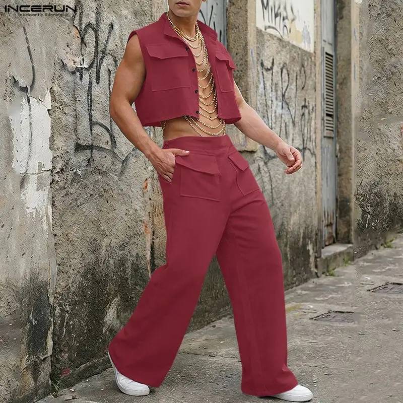 Street Fashion Us - INCERUN Men Sets Solid Sleeveless Crop
