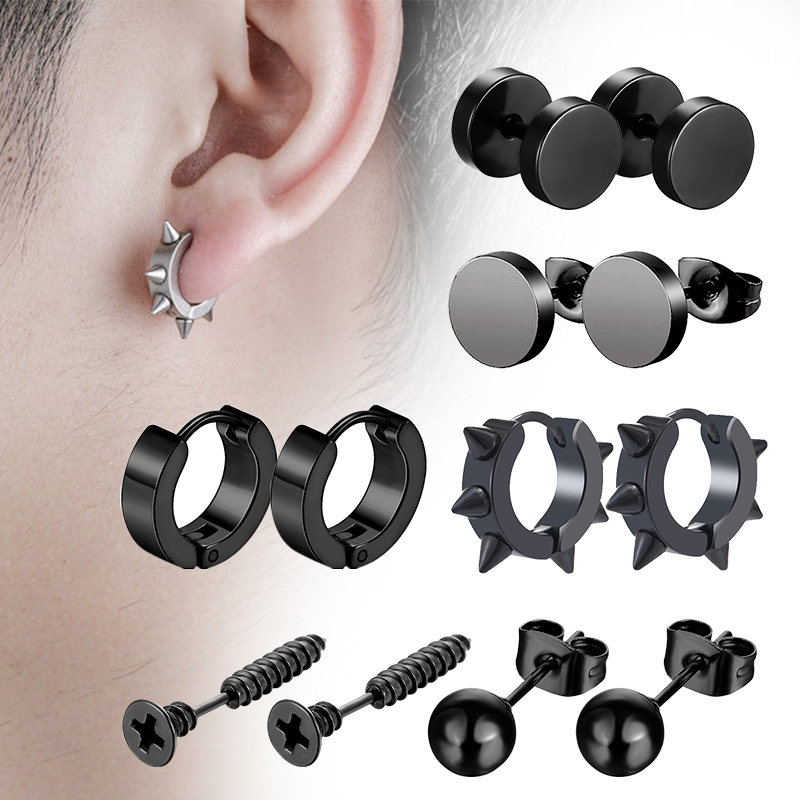 Street Fashion Earrings - 6 Pairs Black Unisex Earrings Set