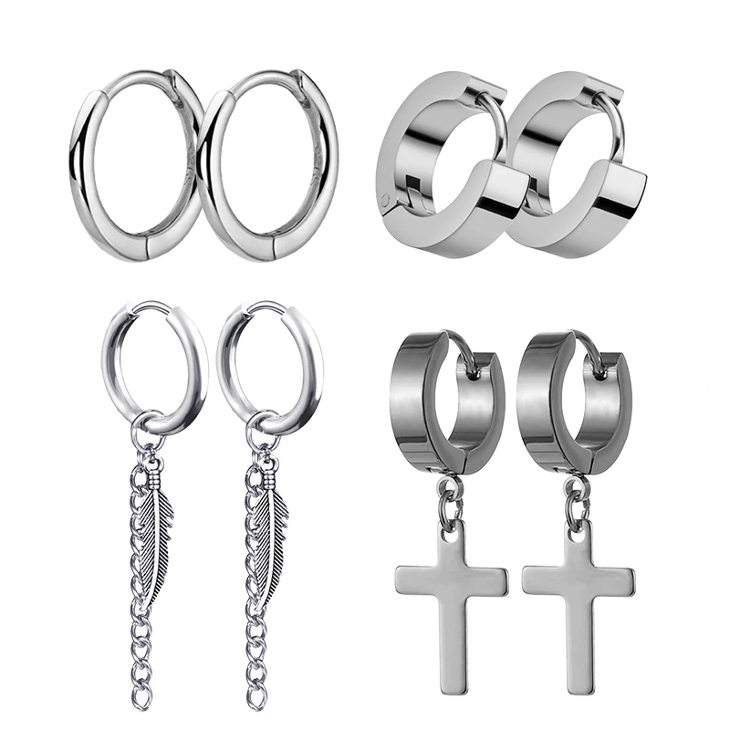 4 Pairs Punk Steel-color Stain - Street Fashion Earrings 评论和价格